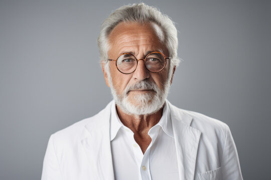 Senior man with white beard and glasses against grey background. Confidence and experience.