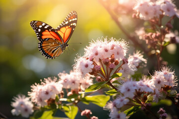 Monarch butterfly on blooming flowers in sunlight. Nature and wildlife.