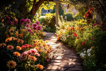 Tranquil garden path surrounded by vibrant flowers. Home gardening and outdoor beauty.
