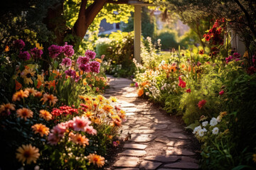 Tranquil garden path surrounded by vibrant flowers. Home gardening and outdoor beauty.