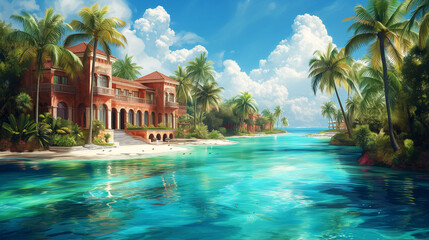 Tropical beach with palm trees and villas. 3d render