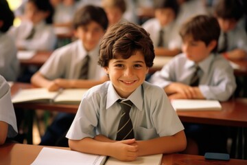 A boy in a school uniform smiling at the camera. Generative AI.