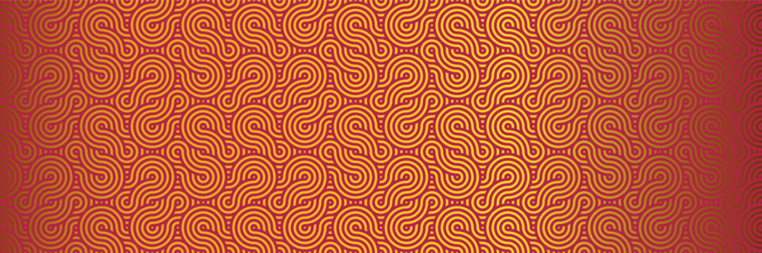 Red Waves and Knots, Rich Golden Asian Patterns, Festive Seamless Background in Traditional Geometric Vector