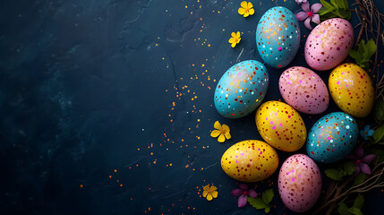 Easter banner with blue background, Easter Egg side border over a blue background. Top view with copy space. generative AI