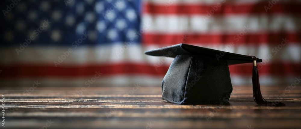 Poster graduation cap on a table in front of an american flag. generative ai.