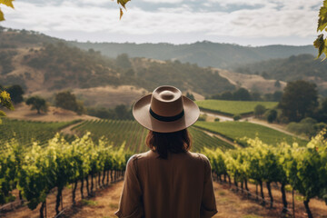 Woman enjoying scenic view of vineyards in wine country. Travel and leisure.