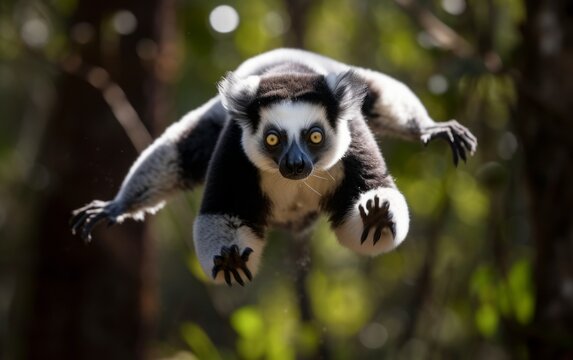 An indri lemur jumping among the trees in the tropical forests of Madagascar. Red book