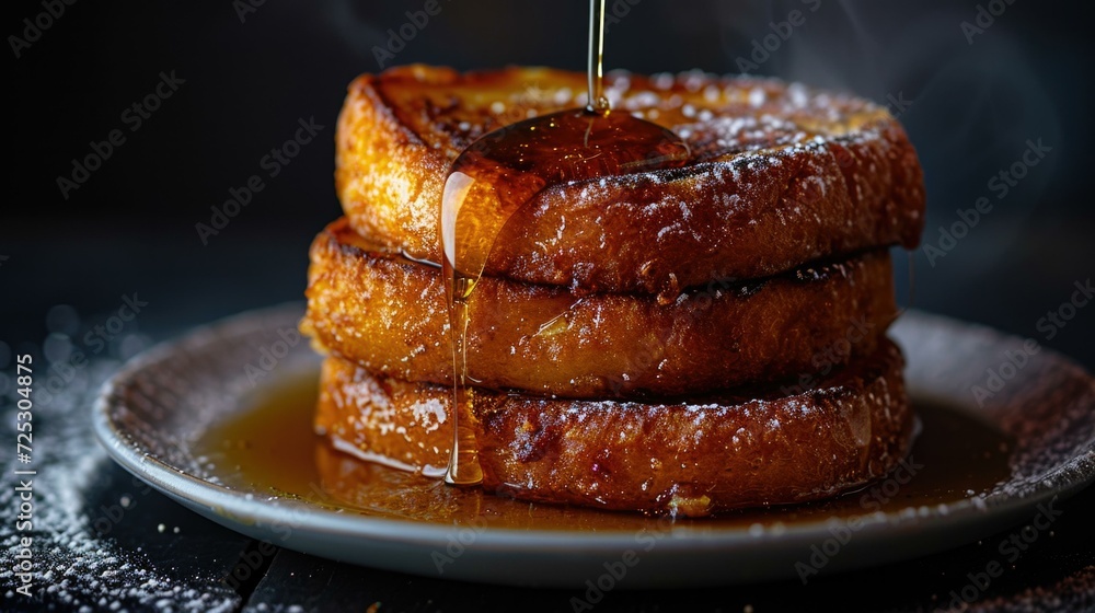 Poster a stack of french toast on a plate with syrup. generative ai.