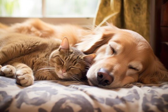 Cat and dog resting together on bed, depicting animal friendship and relaxation.