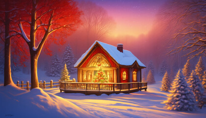 Enchanted Winter Evening at Snowy Cabin