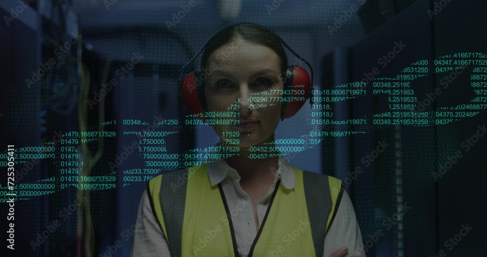 Poster image of chain data processing over caucasian female it engineer by computer servers