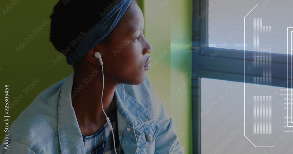 Poster image of data processing on screen over woman using smartphone