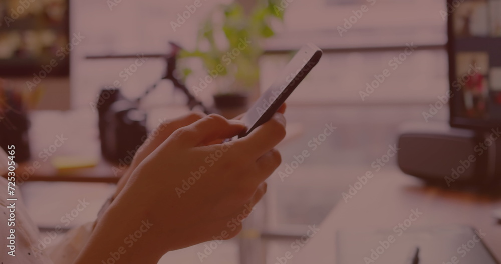 Poster image of data processing on screen over woman using smartphone