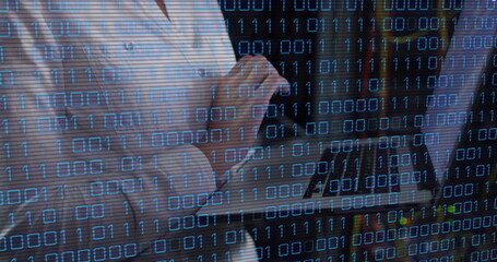 Image of data processing over caucasian woman using tablet inserver room