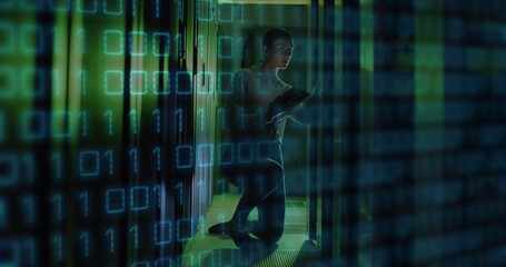 Image of binary coding data processing over caucasian female it engineer by computer servers