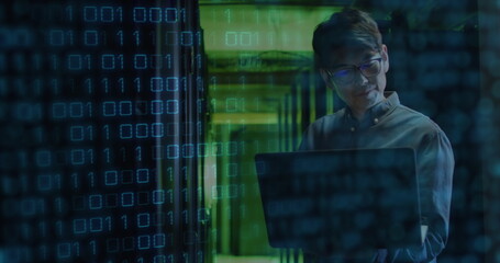 Image of data processing over caucasian woman using tablet inserver room