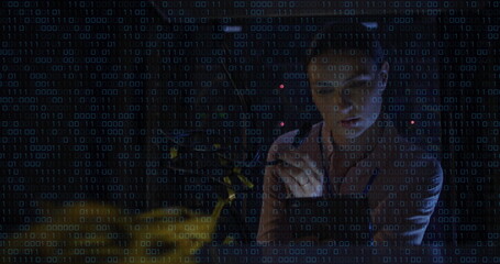Image of data processing over caucasian woman using tablet inserver room