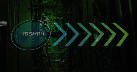 Image of speed gauge, arrows and data processing over computer servers