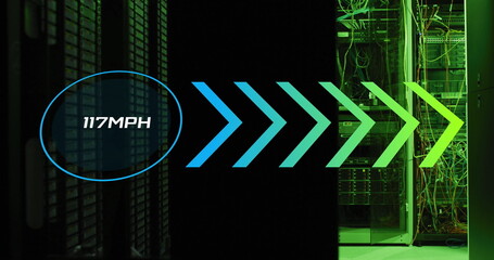 Image of speed gauge, arrows and data processing over computer servers