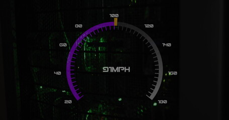 Image of speed gauge and data processing over computer servers