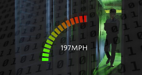 Image of speed gauge and data processing over asian male it engineer by computer servers
