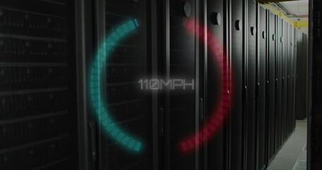 Image of speed gauge and data processing over computer servers