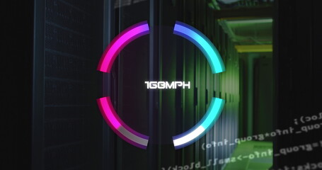 Image of speed gauge and data processing over computer servers
