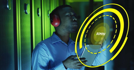 Image of speed gauge over african american male it engineer by computer servers