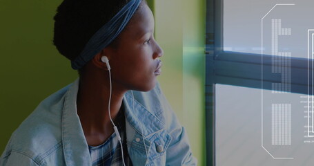 Image of data processing on screen over woman using smartphone
