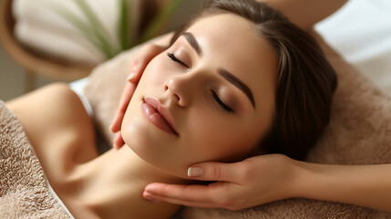 Obraz na płótnie Canvas Beautiful young woman enjoying massage in spa salon. Relaxed lying on massage bed with closed eyes during spa treatment procedure. Beauty treatment, skin care, wellbeing. Generative AI illustration