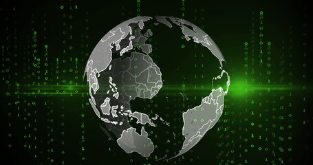 Image of data processing and globe on black background