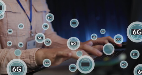 Image of 6g texts over caucasian woman using computer