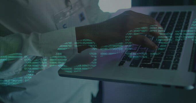 Image of digital chain over african american man using laptop in server room