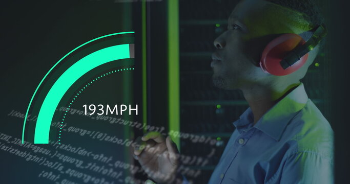 Image of speed gauge and data processing over african american male it engineer - Powered by Adobe