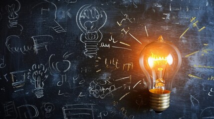 Business Idea Concept. Yellow crumpled ball light bulb lighting grow around on chalkboard.