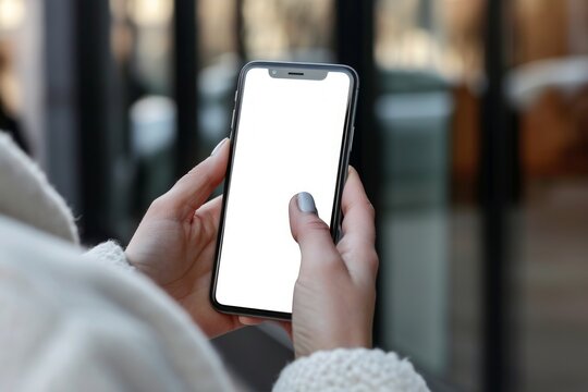 Mockup image of woman's hands holding black mobile phone with blank white screen in cafe