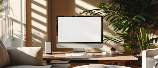 a computer screen on a wooden desk with a plant