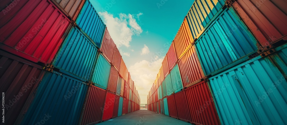 Poster container stacking and loading/unloading in a warehouse, serving as a distribution center for domest