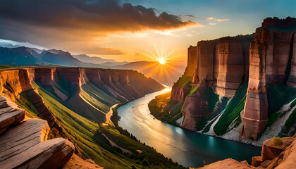 Majestic River Flowing Alongside Towering Cliffs with Earthy Texture, Scenic Background. Wide Landscape with the Sun Setting on the Horizon - obrazy, fototapety, plakaty