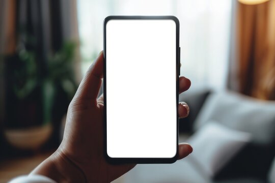 Mockup image of a woman's hand holding smartphone with isolated white screen in the room