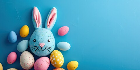 Easter eggs come together on a vibrant blue background to cleverly form the playful face of a rabbit. A blank space is left for the insertion of text.