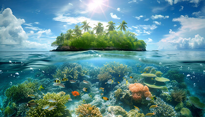 Fototapeta na wymiar tropical island with fish swimming underwater