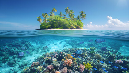 Fototapeta na wymiar tropical island with fish swimming underwater