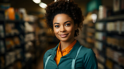 bustling retail store, a woman worker stands out with her genuine smile. Dressed in a neat apron, she represents the heart of the store, be it a grocery, bakery, or pharmacy - obrazy, fototapety, plakaty