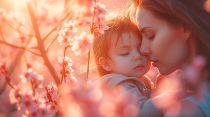 A mother with a daughter in a flower field during Spring, Mother day concept