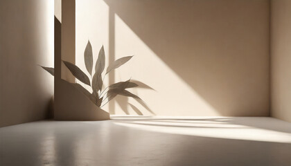 Minimalistic Abstract Soft Light Background for Product Presentation with Delicate Shadows from Tree Branches on Wall