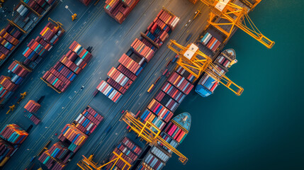 Container cargo ship loading at port, Freight transportation import export and business logistic by container ship, Aerial view from above