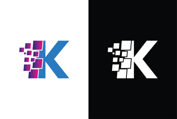 Initial Letter K digital pixel logo design template element. Letter K Pixel logo, Triangle, Blue color, Technology and digital logotype.