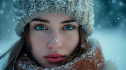 Glamour portrait of a beautiful woman model, Portrait of a young and beautiful woman with perfect smooth skin in winter with snow. Concept of natural cosmetics and skincare.