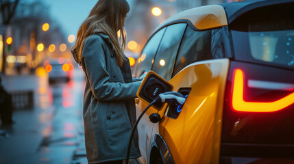 Naklejka premium woman charging electric EV car in the evening